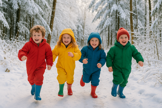 children running through a woodland with snow suits and wellingtons happy