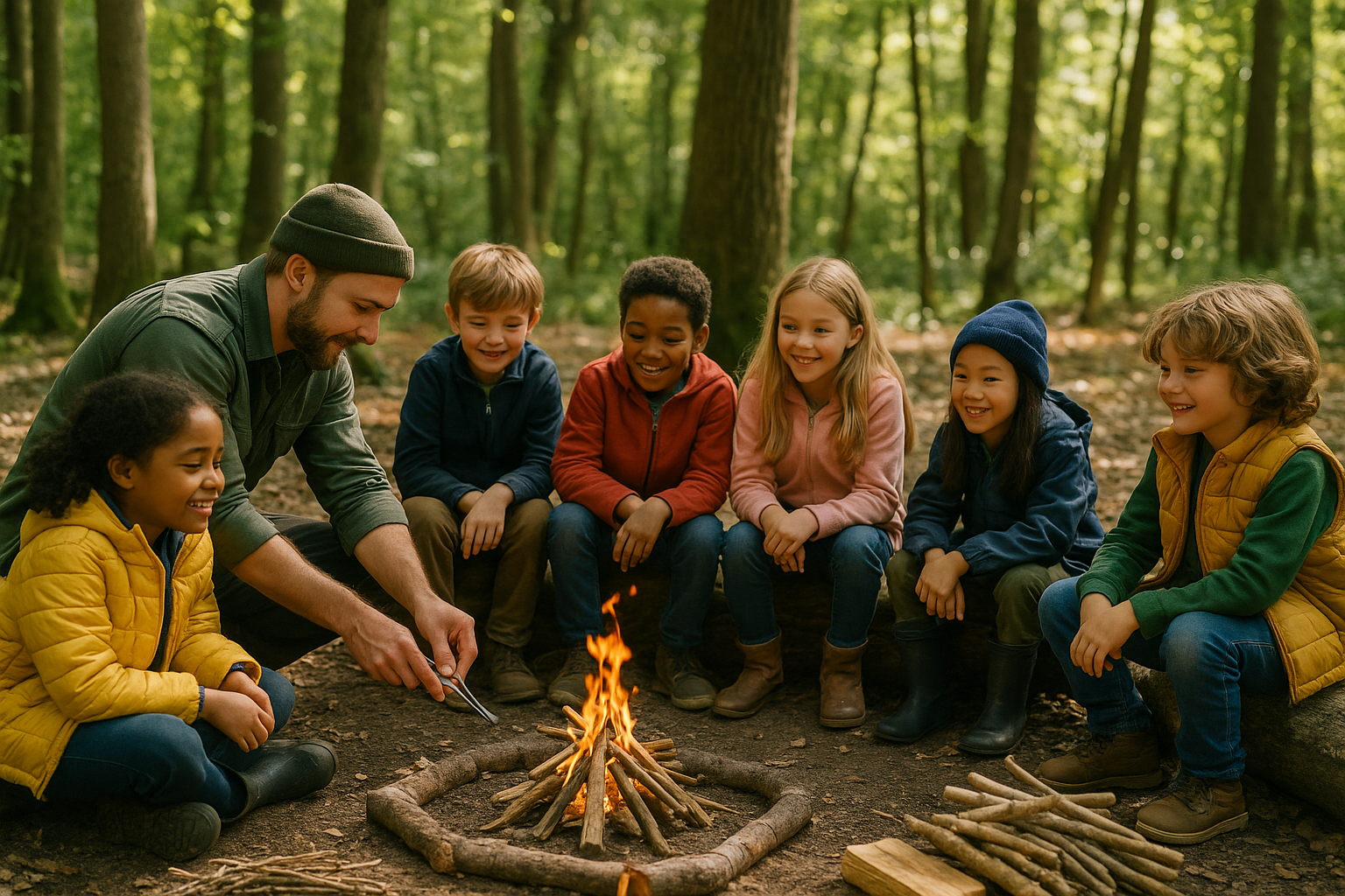lighting a campfire with children forest school