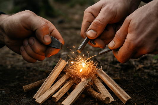 lighting a fire with a flint and steel